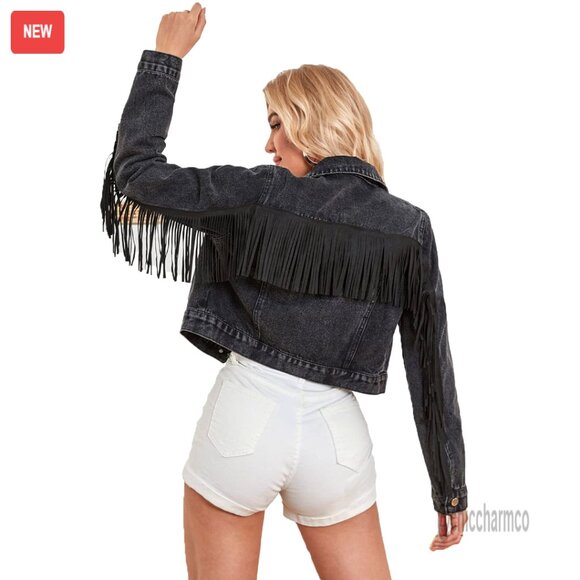 Cropped Denim Jacket Distressed Fringe Sleeve Y2K Boho Chic Casual Wear